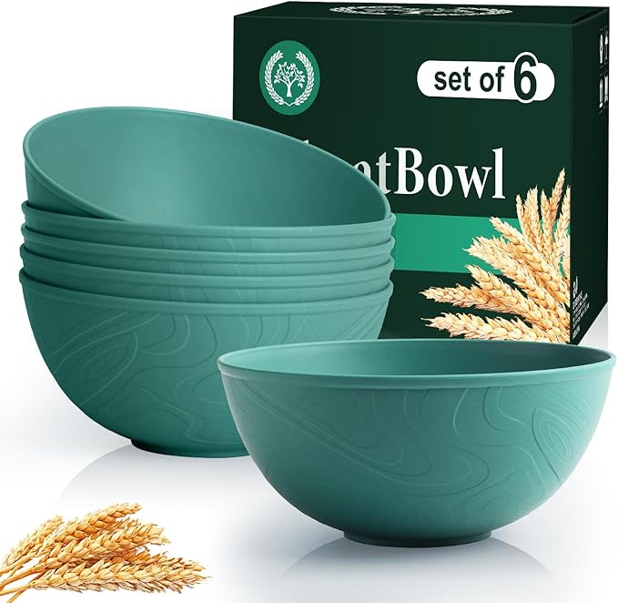 Homienly Wheat Starw Bowls, Bowl Set, Large Cereal Bowls, Serving Bowl Set of 6, Microwave and Dishwasher Safe, 40 OZ, Large Bowl for Salad, Soup, Ramen, Fruit,Dinner, Reusable, Stackable - Green