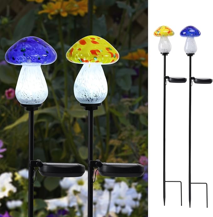 Bshine Mushroom Solar Outdoor Lights, 2 Pack Mushroom Solar Lights Handmade Blown Glass Waterproof Metal Stakes Decoration Garden, Outdoor Yard Art Decoration Pathway, Lawn Ornaments, Gift for Mom