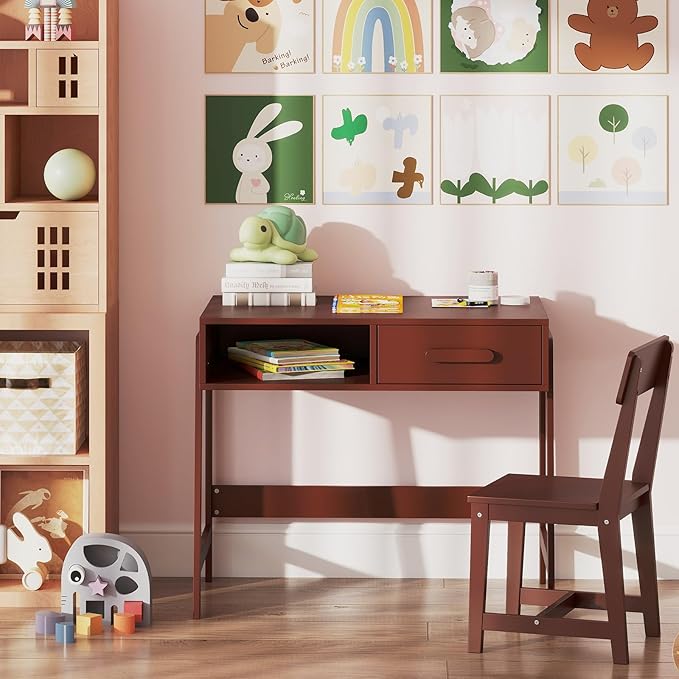 HONEY JOY Kids Desk and Chair Set, Wooden Children School Study Table and Chair w/Storage Drawer & Hutch, Student Writing Desk Computer Workstation for Bedroom, Gift for 3+ Years Old (Brown)