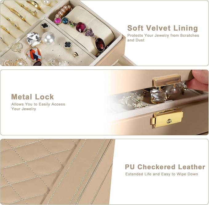 2-Layer Jewelry Box for Women, Jewelry Organizers and Storage with Removable Jewelry Tray, Vintage Quilted Top Lockable Jewelry Holder Gift Box for Girl