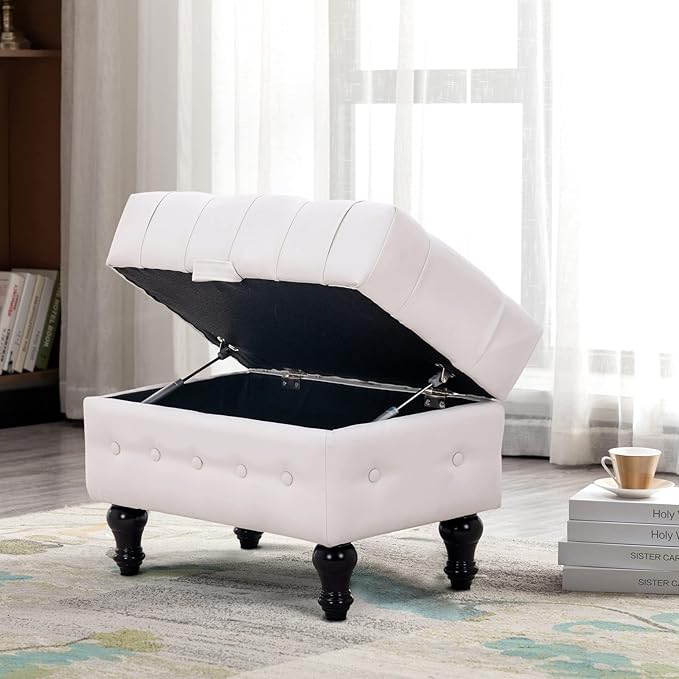 Artechworks Coffee Table Ottoman with Storage,Button Tufted PU Leather Upholstery Footstool Bed Ottoman for Living Room, Home Office, Space-Saving Storage Toy Box Stool, White