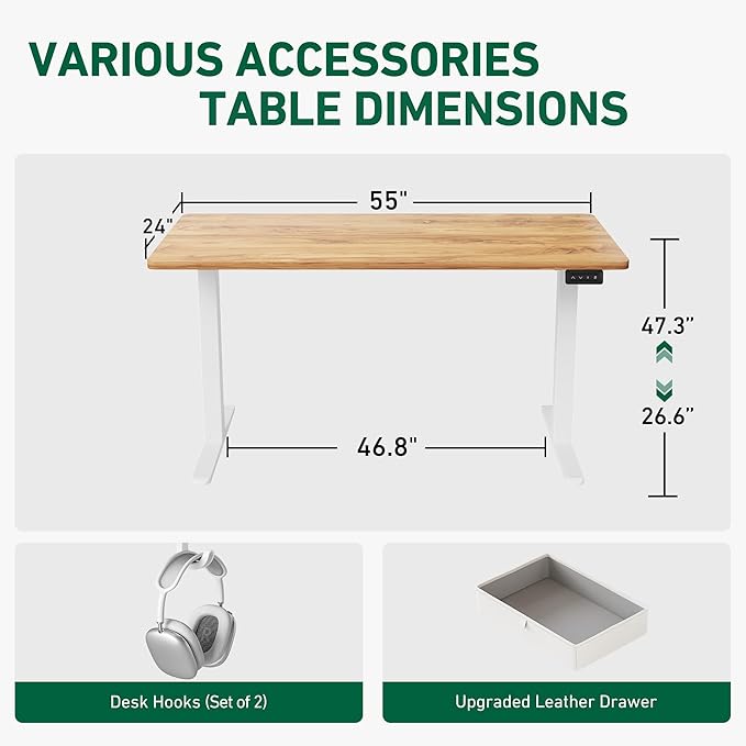 FEZIBO 55 x 24 Inches Standing Desk with Drawer, Adjustable Height Electric Stand up Desk with Storage, Sit Stand Home Office Desk, Ergonomic Computer Desk, Light Rustic