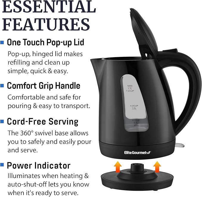 Elite Gourmet EKT8690X 1.7L Electric Tea Kettle 1500W, Hot Water Heater Boiler BPA-Free, Fast Boil, Water Level Window and Auto Shut-Off, Black