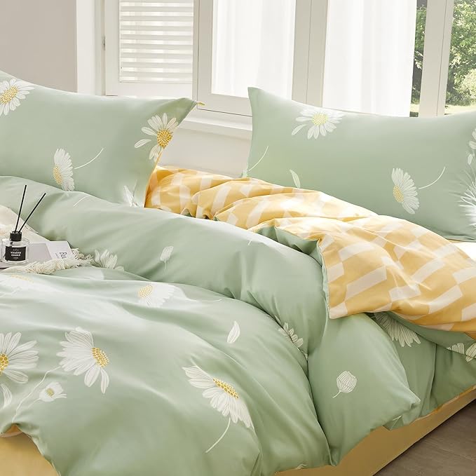 SAPHREAS White Daisy Floral Duvet Cover Set Twin Size 2pcs Light Green Bedding Comforter Cover Set 100% 1 Duvet Cover 68"x90" 1 Pillow Sham, Comforter Not Included