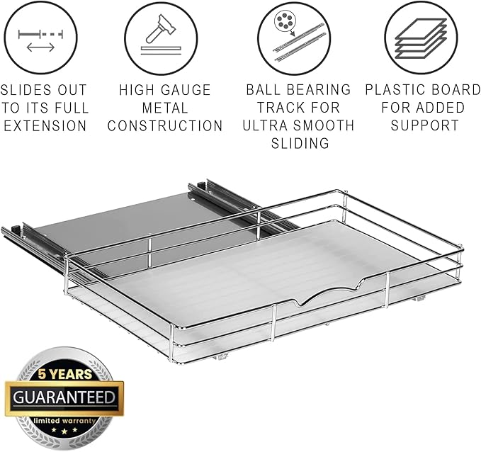 Pull Out Cabinet Organizer for Spices, Cans - Heavy Duty with Lifetime Limited Warranty- Pull Out Spice Rack- Cabinet Pull Out Shelf for Cans,Dishes, Etc, 18-3/8"Wx 10-1/2"D x 2-3/4” H, Chrome