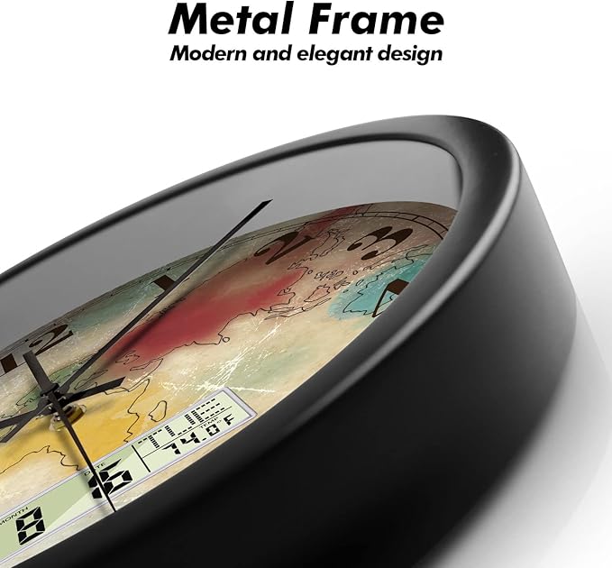 Modern Round Retro Digital and Analog Wall Clock Silent Calendar Colorful World Map Vintage Clocks with Date and Temperature Week Quiet Non-Ticking Kid Room Office Kitchen Decor for Bedroom 12 Inch