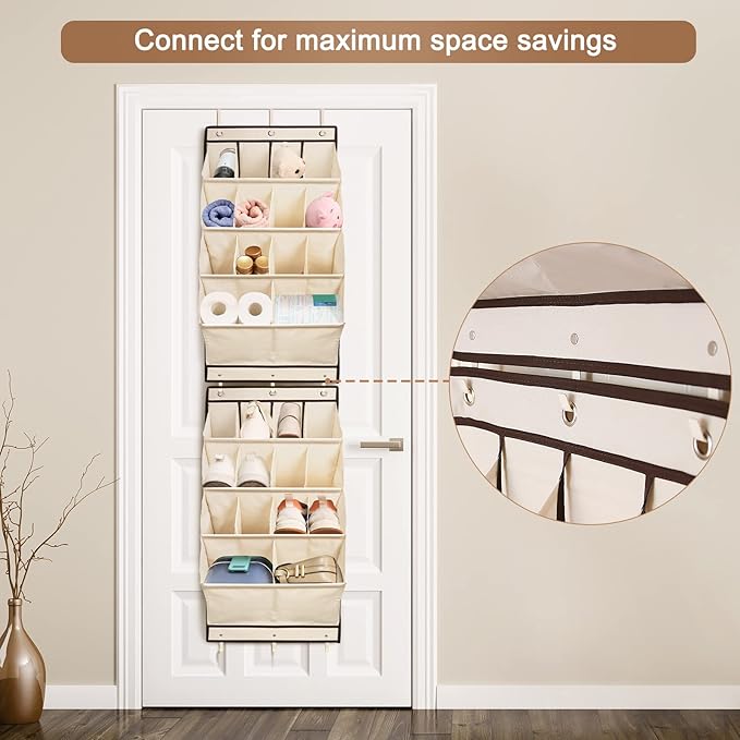 FENTEC 2 Pack Over the Door Shoe Organizer, Hanging Shoe Organizer, 28 Large Deep Pockets Door Shoe Rack with 6 Hooks Shoe Organizer for Shoes, Sneakers, and Home Accessories, Beige