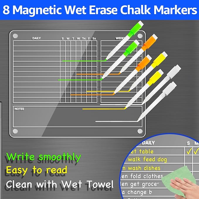 PigPotParty Magnetic Chore Chart for Adults & Teens & Kids on Fridge – 12"x9.5" Acrylic Dry Erase Chore Board with Daily, Weekly & Notes Sections – Includes 8 Fine Point Markers & Towel