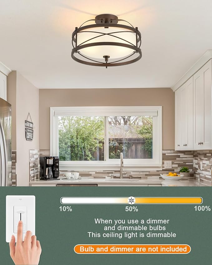 Entryway Drum Light Fixtures, Semi-Flush Mount Rustic Ceiling Light for Hallway Living Room Bedroom Kitchen (Old Bronze Finished)