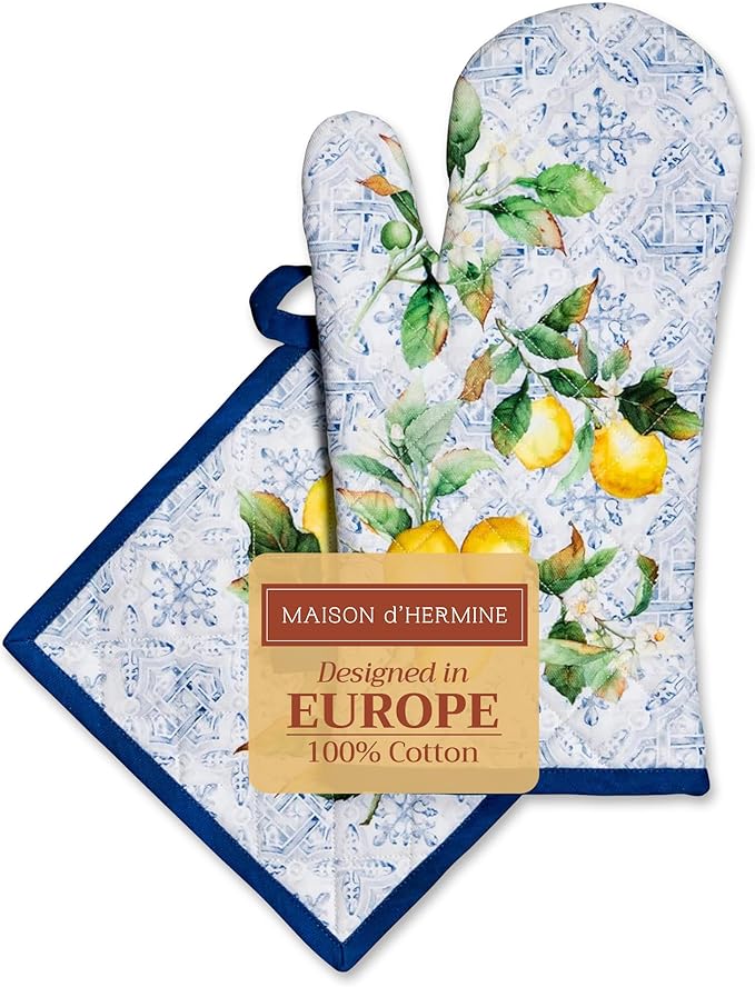Maison d' Hermine 100% Cotton Oven Mitt & Pot Holder Set (7.5"x13" & 8"x8") Heat Resistant BBQ Cooking Gloves with Loop, Baking, Grilling, Kitchen, Handling Hot Pans Spring/Summer (Citrus)