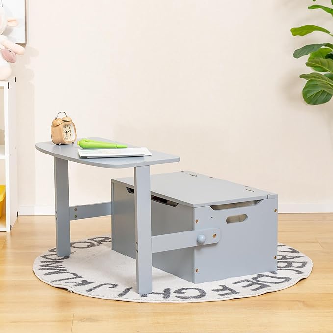 HONEY JOY Kids Table and Chair Set, 3-in-1 Convertible Wooden Toy Storage Bench with Handle, Toddler Furniture Set for Daycare Playroom, Gift for Boys Girls 3+ (Gray)