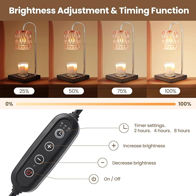 Dimmable Candle Warmer with Timer for Jar Candles, Glass Nightstand Lamp (2 Wax Warmer Bulbs)