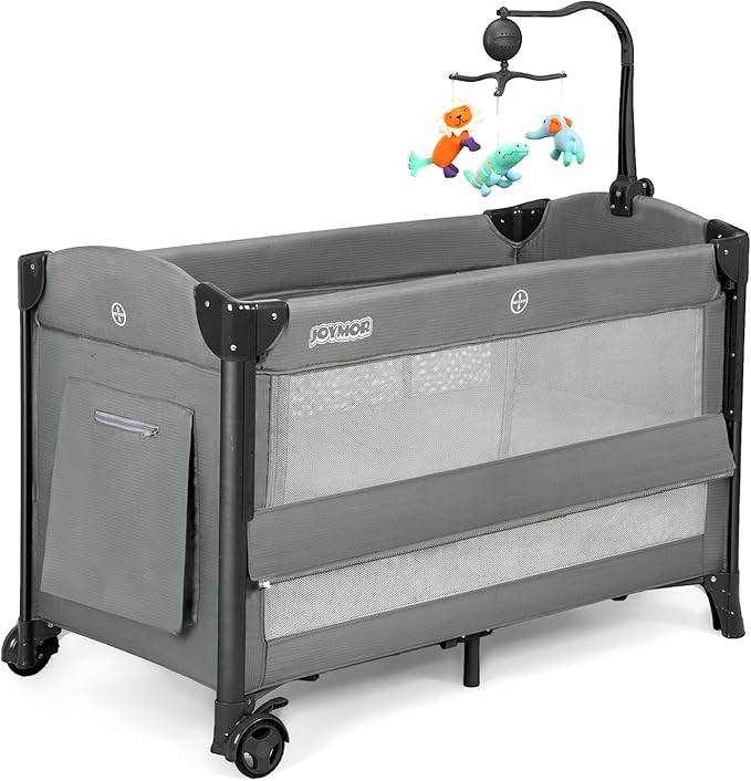 JOYMOR Baby Bassinet, Pack and Play with Bassinet and Carry Bag, Convert to Bedside Sleeper with Toy, Wheels for Boys Girls (Gray)
