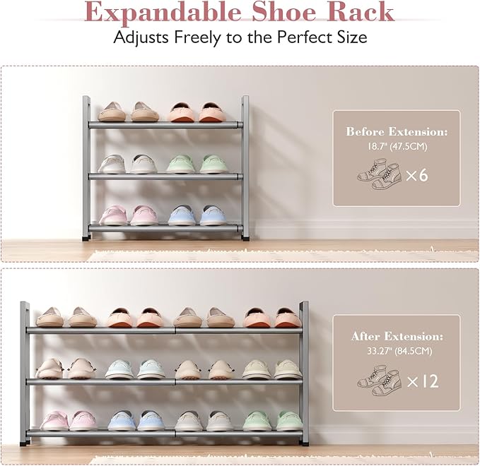 Bumusty 3-Tier Expandable Shoe Rack for Closet, 18“-33” Adjustable Shoe Rack for Small Space, Small Shoe Organizer for Front Door, Sturdy Metal, Light Grey