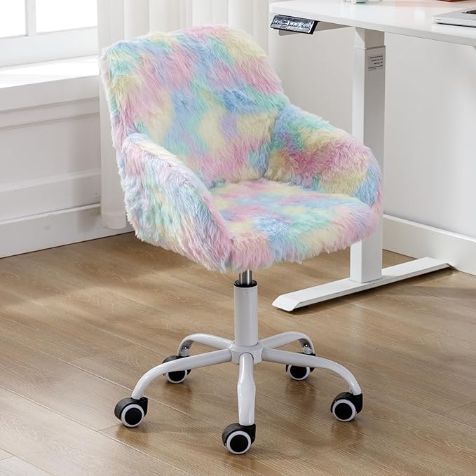 DUOMAY Kids Desk Chair, Faux Fur Colorful Upholstered Computer Chair for Boys and Girls, Cute Study Swivel Height Adjustable Arm Chair for Child, Rainbow Color