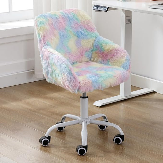DUOMAY Kids Desk Chair, Faux Fur Colorful Upholstered Computer Chair for Boys and Girls, Cute Study Swivel Height Adjustable Arm Chair for Child, Rainbow Color