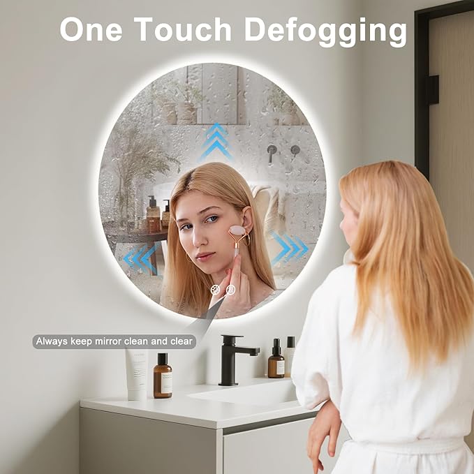 32 Inch Round LED Bathroom Mirror Backlit Anti-Fog Wall Mounted Lighted Bathroom Vanity Mirror 3 Colors Light Dimmable Smart Makeup Mirror with Touch Switch