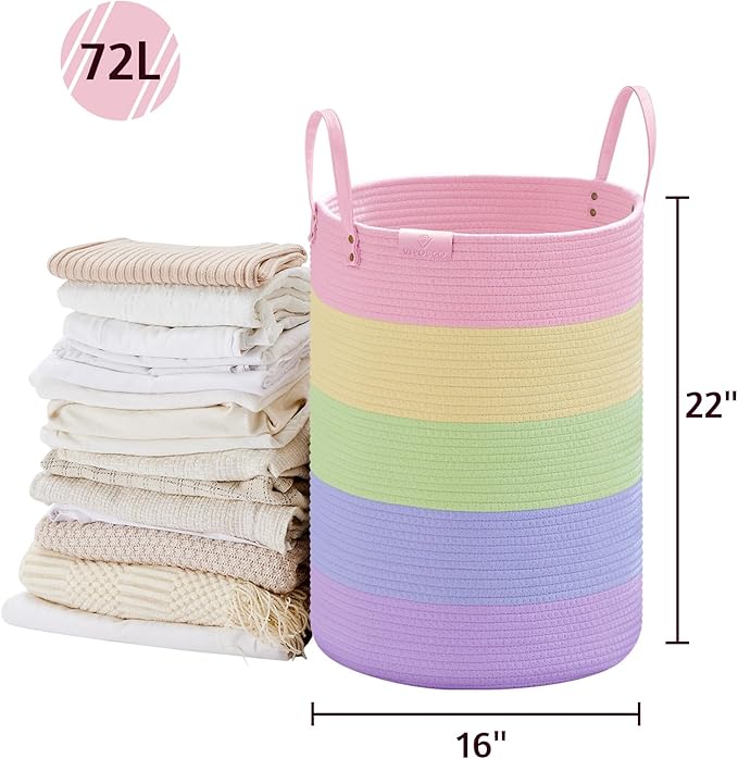VIPOSCO Tall Laundry Basket, Large Dirty Clothes Hamper with Leather Handle, Woven Rope Storage Basket for Blanket, Toy In Living Room, Bathroom, Bedroom - 72L Rainbow