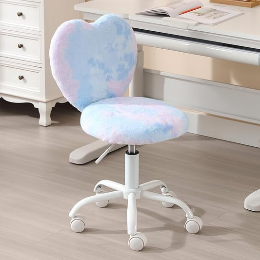 Cute Fuzzy Kids Chair for Children Rolling Study Desk Student Chair for Child Furry Computer Task Chair, Adjustable Heart Shaped Reading Desk Chairs for Bedroom Study,Babay Blue