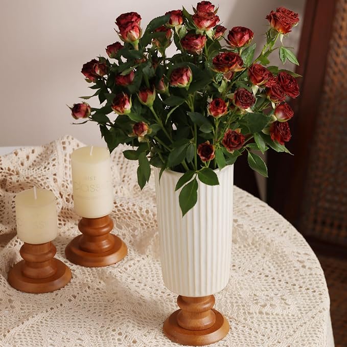 hjn White Cermaic Vase for Flowers Decor Vase with Wooden Base for Your Home Decor/Table/Kitchen/Office/Living Room-White (French Vertical Pattern)