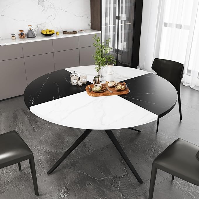 VOWNER Modern Round Dining Table for 4-6 People, 47 Inches Wood Kitchen Table, Dining Room Table with Metal Legs, Circle Coffee Dining Room for Living Room, Home, Apartment, Black and White