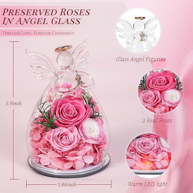 Birthday Gifts for Women Mom Preserved Roses in Glass Angel Figurines Fresh Flowers for Delivery Forever Flowers Eternal Rose Christmas for Grandma Sister Wife Her from Daughter