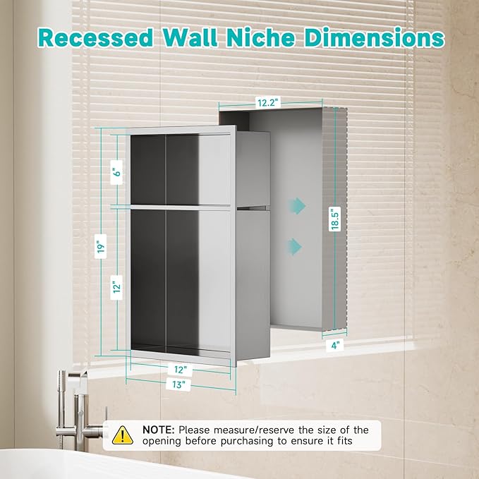 Brushed Nickel Stainless Steel Shower Niche 12" x 18" – Recessed 2-Tier Shower Shelf, 12"x12" Upper & 12"x6" Lower Storage, Waterproof & Rustproof, Modern Bathroom Wall Niche