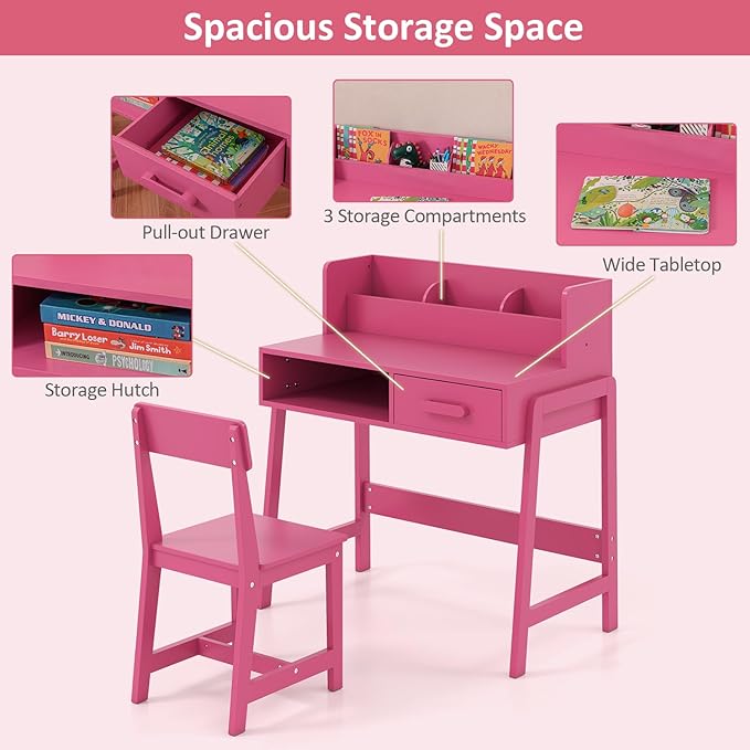 INFANS Table and Chair Set, Toddler Wooden Student Study Desk with Chair Storage Hutch Compartments Drawers for Writing Drawing, Children Furniture for Bedroom School Boys Girls 3+ Years Old (Pink)
