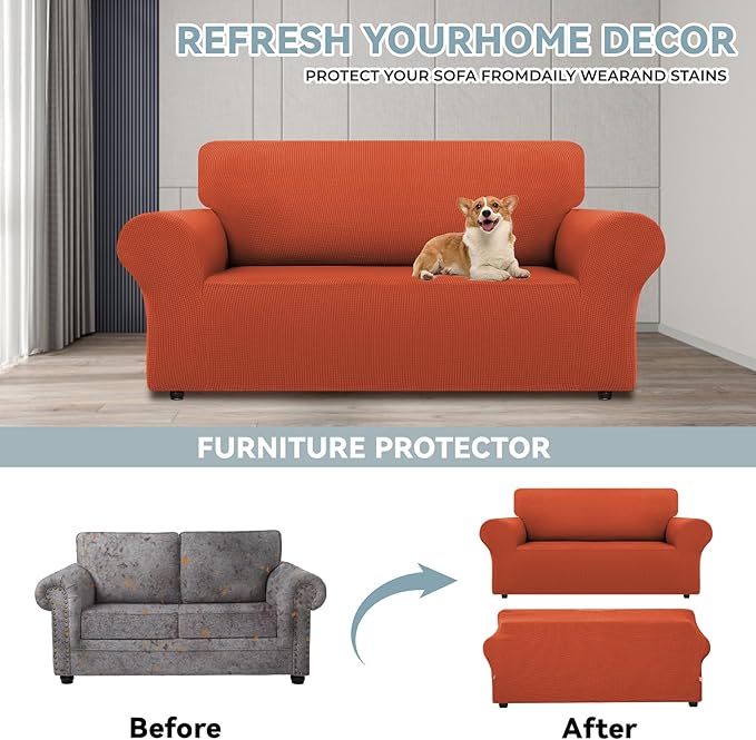 LURKA Stretch Loveseat Sofa Slipcovers 1 Piece Couch Covers for Sofa Furniture Protector Full Sofa Covers with Elastic Bottom for Kids and Dog (Medium, Pumpkin)