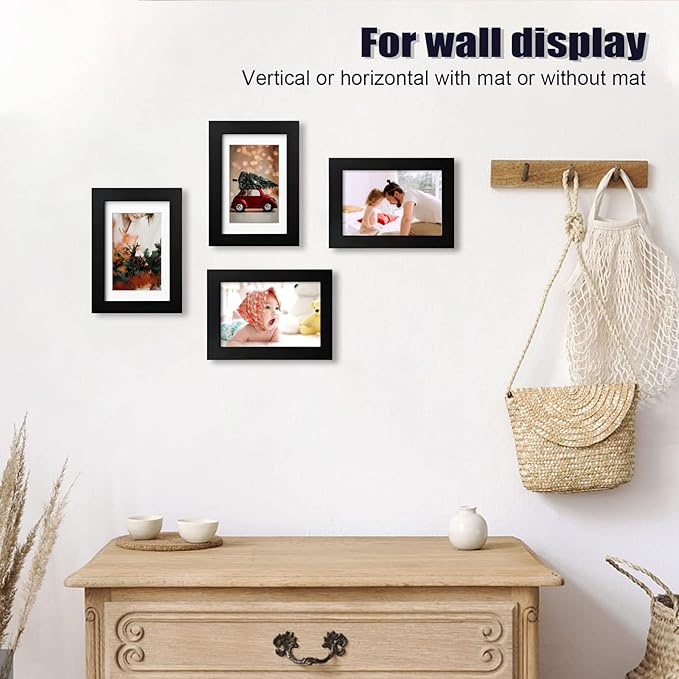 KINLINK 4x6 Frame Black, Solid Wood 4 x 6 Picture Frame with Acrylic Plexiglass for 3.5x5 with Mat, Tabletop and Wall Display Photo Frames 4x6 Black, 4 Pack