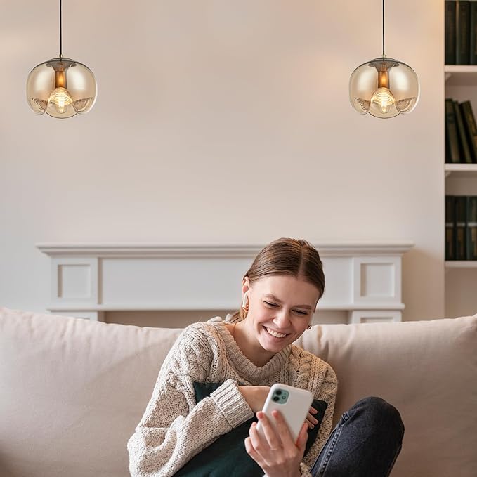 Modern Globe Pendant Light, 9"x9" Amber Gradient Glass Hanging Fixture with Gold Base, 15"-72" Adjustable Line, E26 Socket for Living Room, Dining Area, or Entryway – Warm Taupe Globe