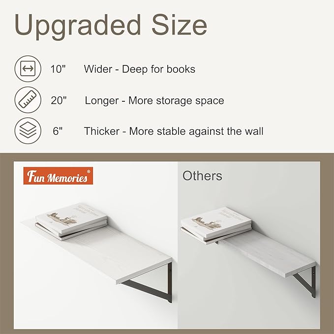 Fun Memories 20 Inch Floating Shelves for Wall, White Bathroom Shelves Set of 2, 10 Inch Deep Wall Shelf for Bedroom, Kitchen, Large Home Decor Shelves Farmhouse Storage Shelf