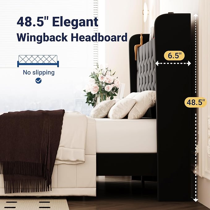 Allewie Full Size Bed Frame, Storage Headboard with Charging Station, Wingback Velvet Upholstered, Diamond Stitched Button Tufted, Sturdy Wooden Slats, No Box Spring Needed, Easy Assembly, Black