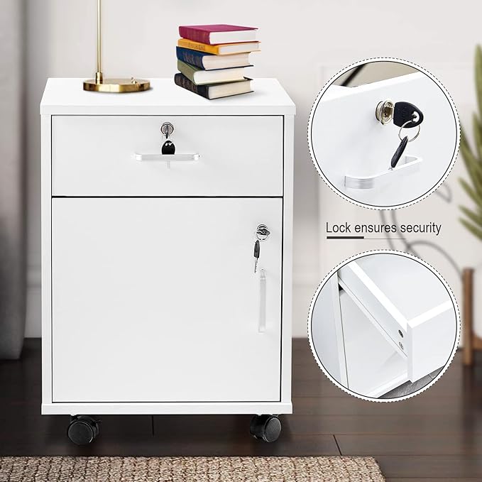 Mobile File Cabinet with Lockable Drawer & Door, Under Desk Storage Cabinet with 360°Swivel Wheels, Wooden Stationery Storage Cabinet for Legal/Letter/ A4 Documents (White)