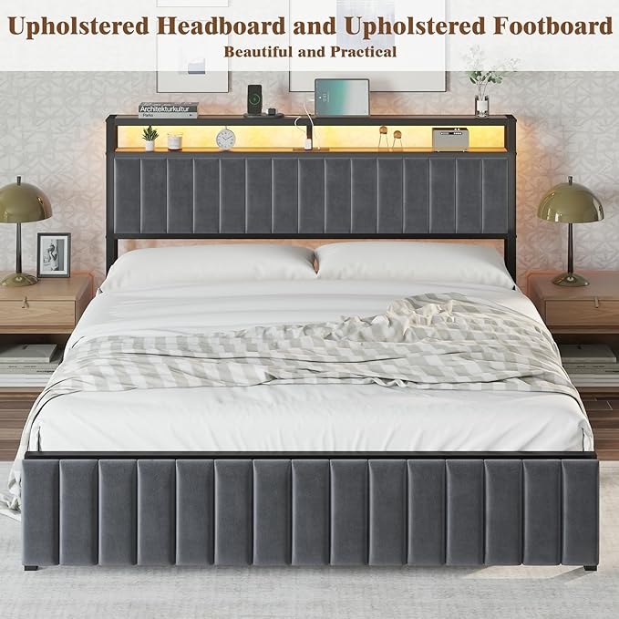 King Bed Frame with LED Light and Charging Station, Velvet Upholstered Headboard with Storage Shelf, Heavy Duty Metal Slats/No Box Spring Needed/Easy Assembly, Grey
