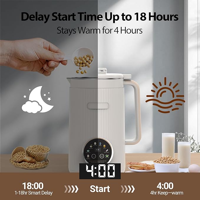 Nut Milk Maker Machine - 8 in 1 Soy Milk Maker Machine 35oz with Self-Cleaning, 18H Delay Start & 4H Keep Warm, Automatic Plant-Based Milk Blender for Almond, Oat, Coconut, Soybean - White