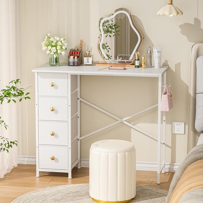Vanity Desk No Mirror, Small Makeup Vanity with 4 Fabric Drawers, White Dressing Table for Small Spaces, 35.4 Inches Girls Makeup Table Bedroom