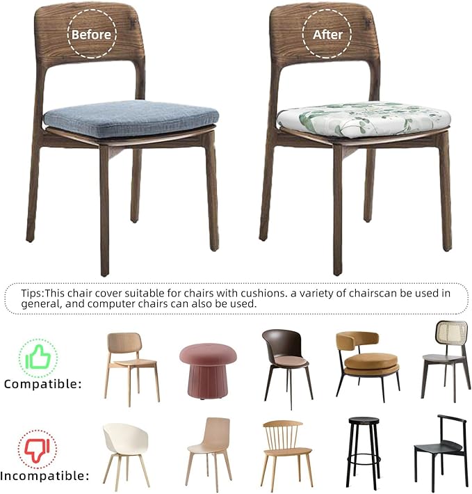 Seat Covers for Dining Room Chairsset of Set of 6, Spring Floral Green Leaf Eucalyptus Watercolor Stretch Chair Seat Covers Cushion Slipcovers for Kitchen Office