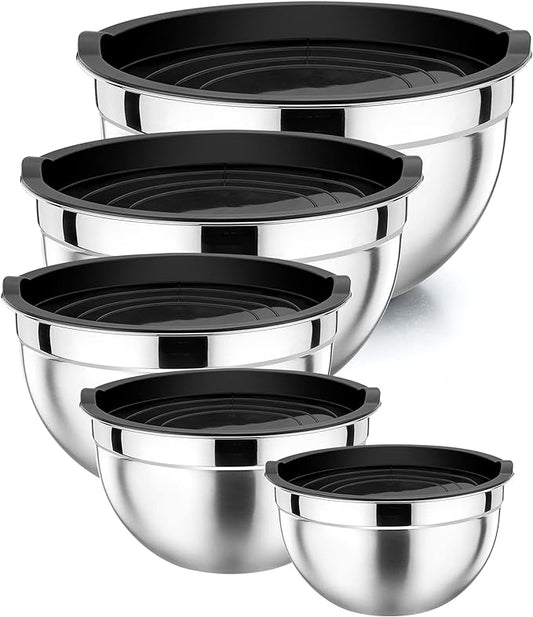 P&P CHEF Mixing Bowl with Airtight Lid Set of 5, 10-Piece Stainless Steel Nesting Salad Bowl Set for Prepping, Mixing and Serving, Size 4.6, 3, 1.5, 1, 0.7 QT, Rimmed Edges & Flat Base, Black