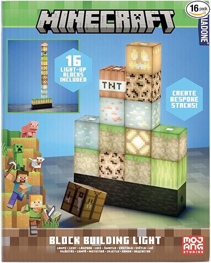 Paladone Minecraft Building Block Night Light – Officially Licensed LED Lamp for Boys’ Bedrooms, Gaming Decor & Gifts – Fun Minecraft Room Accessory