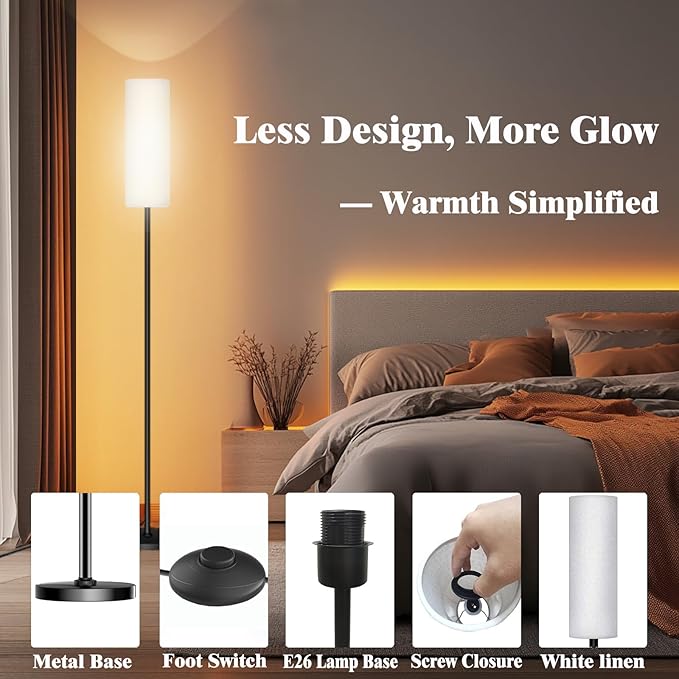 Smart LED Floor Lamp with APP Control & RGB Colors - Dimmable Standing Lamp for Living Room, Bedroom, Gaming - Remote, Timer, 9W Bulb Included, 67" Modern Tall Lamp (White)