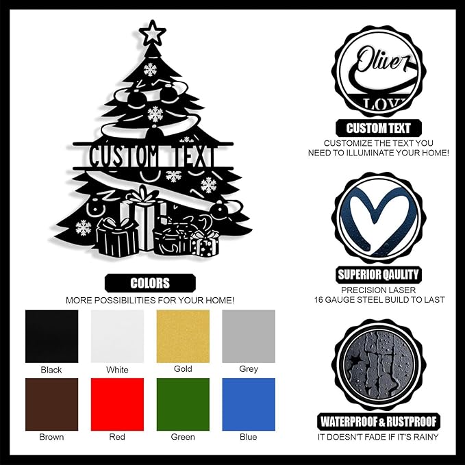 Personalized Christmas Tree Metal Sign, Custom Signs Outdoor Metal Wall Decor, Merry Christmas Tree Signs Wall Decoration for Home Living Room, Bedroom, Office, Garden, Porch