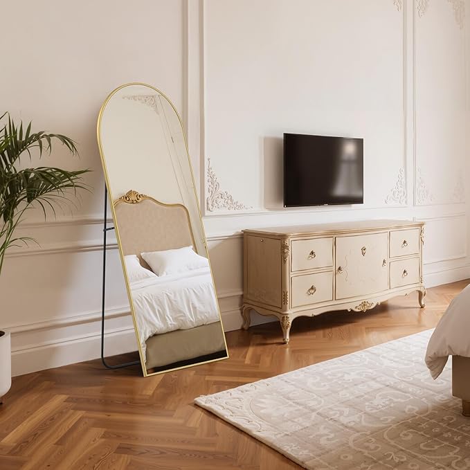 Arched Full Length Mirror 64"x21", Gold Tempered Glass Wall Hanging Mounted Body Length Mirrors with Stand, Large Floor Aluminum Alloy Thin Frame