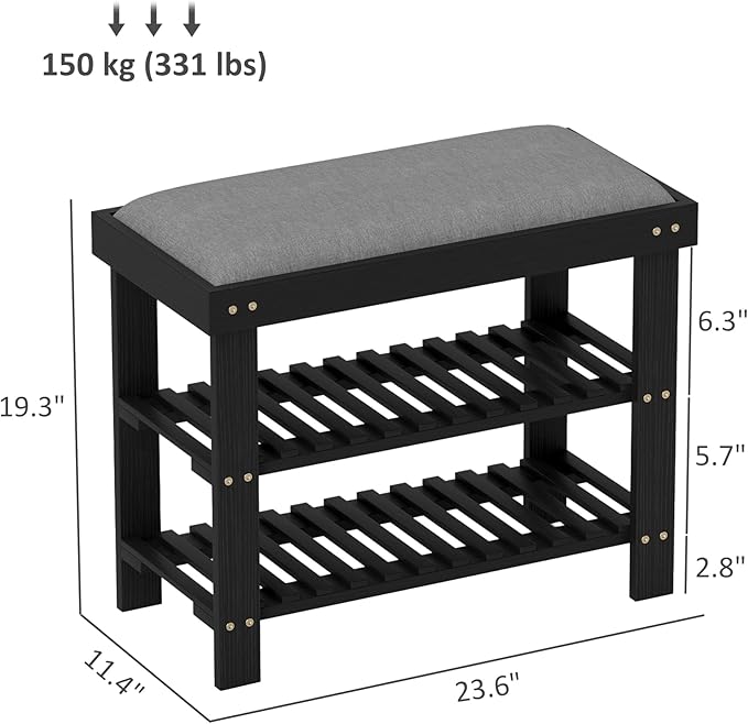 HOMCOM Bamboo Shoe Bench, 3-Tier Entryway Bench with Storage and Cushion, Shoe Organizer for Entryway, Hallway, Holds Up to 331 lbs, 23.6 x 11.4 x 19.3 Inches, Black