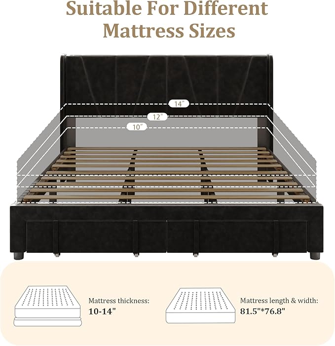 King Bed Frame with Storage Drawers, Upholstered King Size Platform Bed with 47“ Tall Headboard and Wingboard, No Box Spring Needed, NO Noise, Easy Assembly, Wooden Support Slats, Black