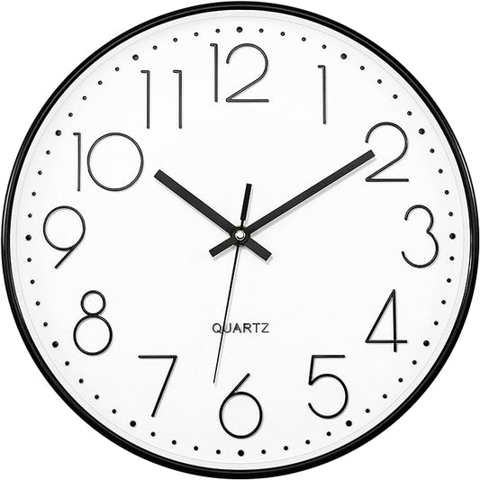 Foxtop Black Wall Clock 12 Inch Silent Non Ticking Quartz Battery Operated Round Clock Easy to Read for Office Classroom School Home Living Room Bedroom Kitchen Decor