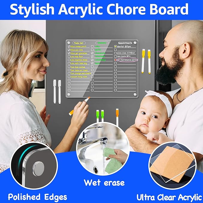 PigPotParty Acrylic Magnetic to Do List White Board for Refrigerator, 12"x9.5" Clear Dry Erase Board, Fridge Grocery List Magnet Checklist Whiteboard for Adult Family Kids, w/ 8 Markers and 1 Towel