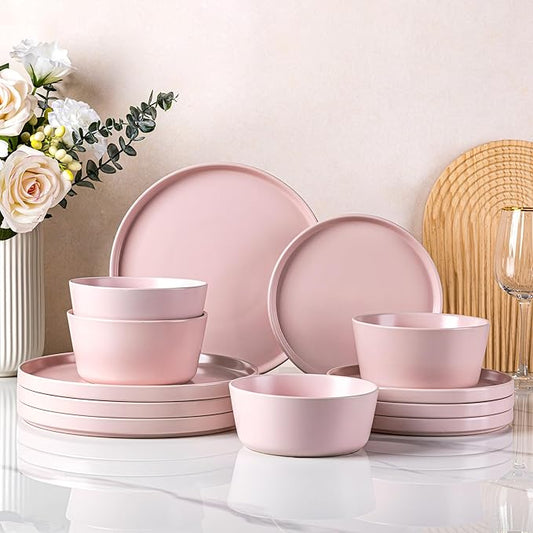 AmorArc Ceramic Dinnerware Sets for 4, Modern Flat Stoneware Plates and Bowls Sets,Chip and Crack Resistant | Dishwasher & Microwave Safe Dishes Set,Scratch Resistant- Service for 4 (12pc)-Matte Pink