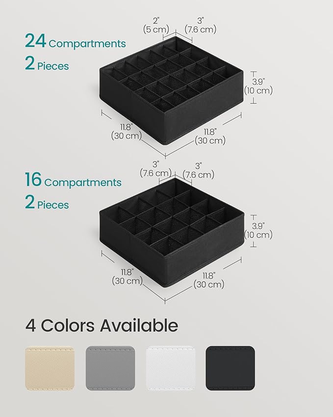 SONGMICS Set of 4 Underwear Organizers, Drawer Organizers, Dresser Closet Storage, 80 Cells (2x16+2x24), Foldable Dividers, 11.8 x 11.8 x 3.9 Inches, for Socks, Ties, Belts, Ink Black URUS011B01