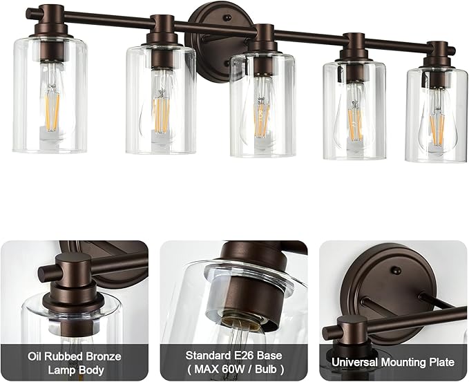 Bathroom Light Fixtures Wall Sconce Light with Clear Glass Oil Rubbed Bronze 5 Lights Bathroom Lighting Over Mirror Vanity Lights for Living Room,Bedroom,Restroom,Hallway E26 Base